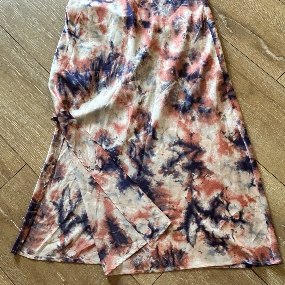 Silky Tie-Dye Blue Pink Spaghetti Strap Maxi Dress - Picture 6 of 9